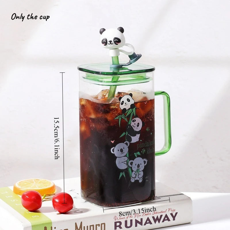 Square Glass Water Cup Cartoon Panda Straw Lid Large Capacity Glass Drinkware Cup Babs A