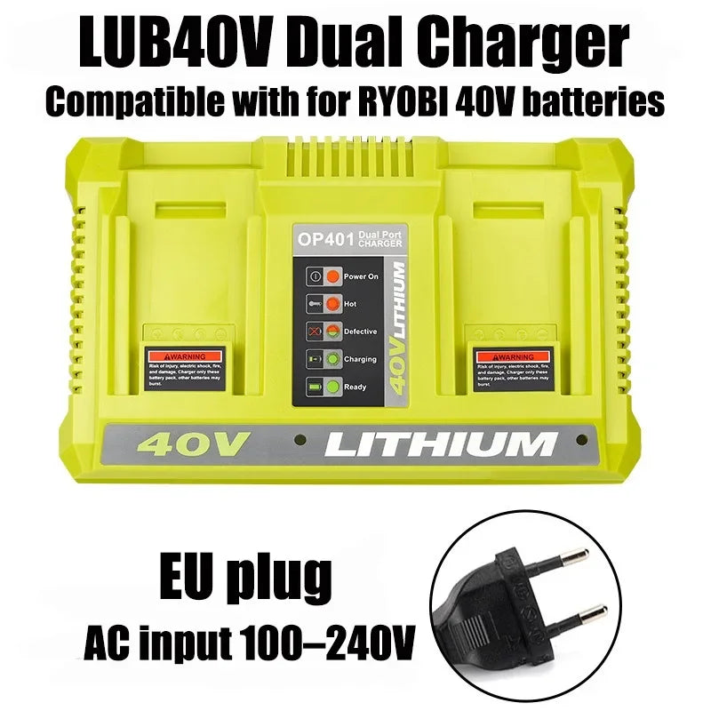 Dual-Port 40V Li-Ion Battery Charger for Ryobi OP401 | US/EU/UK/AU Battery Charger Dock Babs EU plug