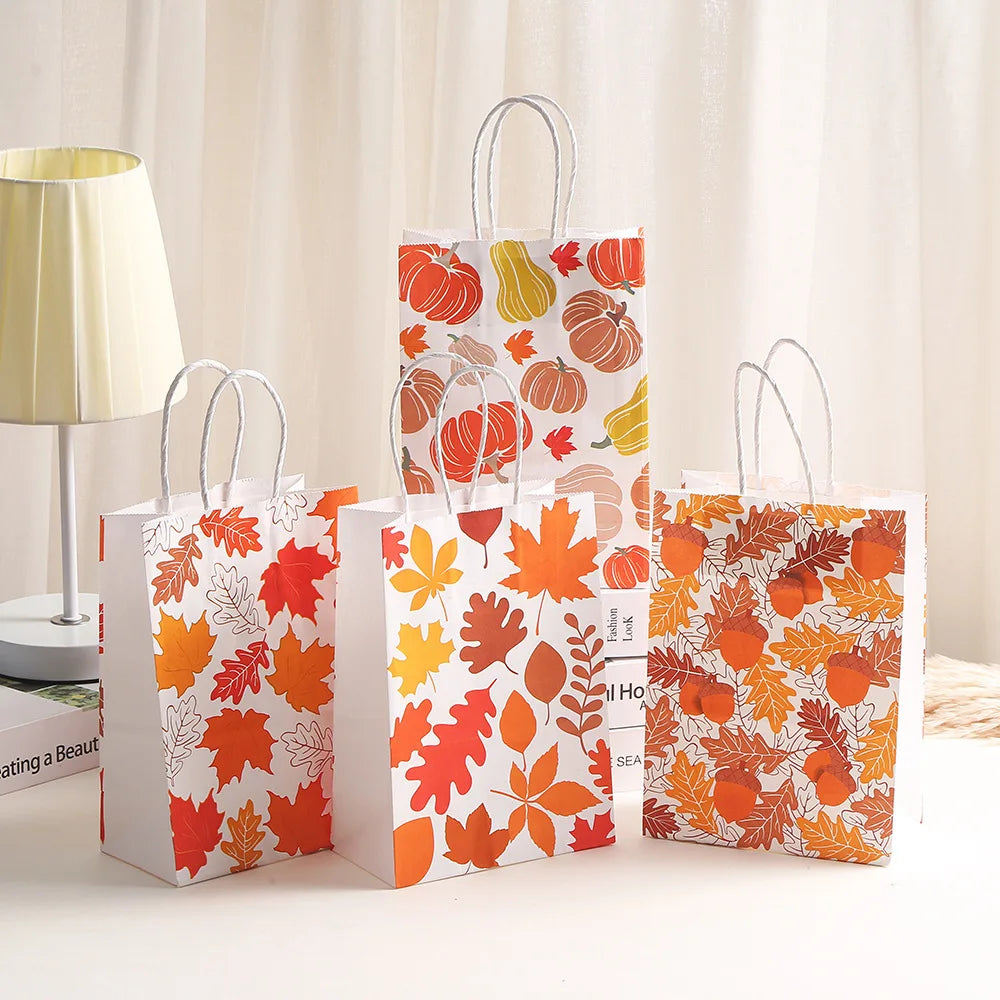 Thanksgiving Kraft Gift Bags | Maple Leaf, Pumpkin & Turkey Print Kraft Paper Gift Bags Babs