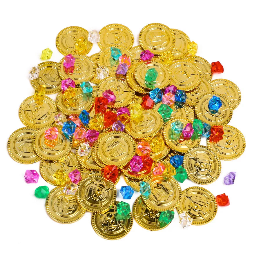 100pcs Pirate Gold Coins with Gemstones | Party Treasure Filler Party Treasure Props Babs