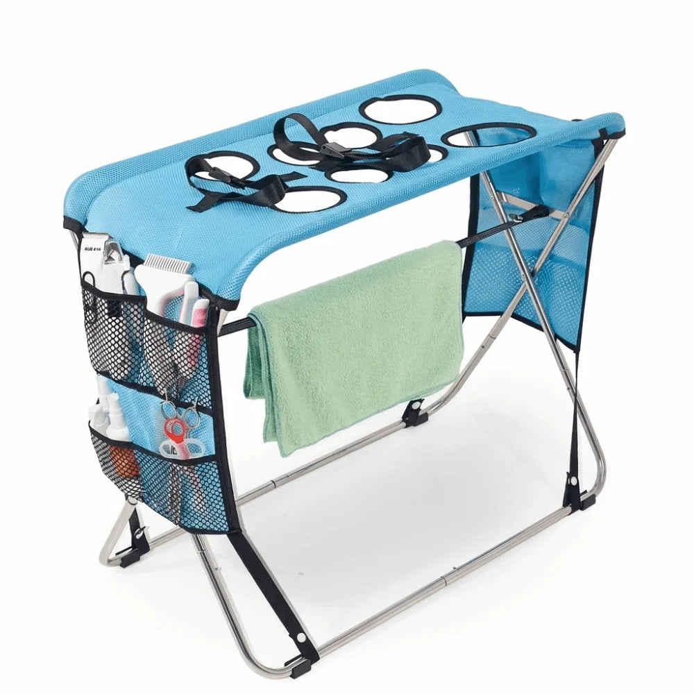 Folding Pet Grooming Hammock – Anti-Scratch Mesh Bathing Rack Pet Grooming Table Babs Blue 8 holes