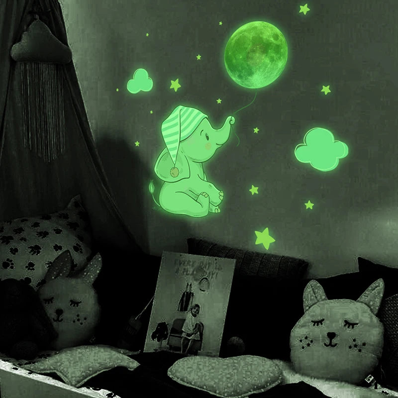 Baby Elephant Moon Glow in the Dark Wall Stickers for Kids Room Glow Wall Stickers Babs