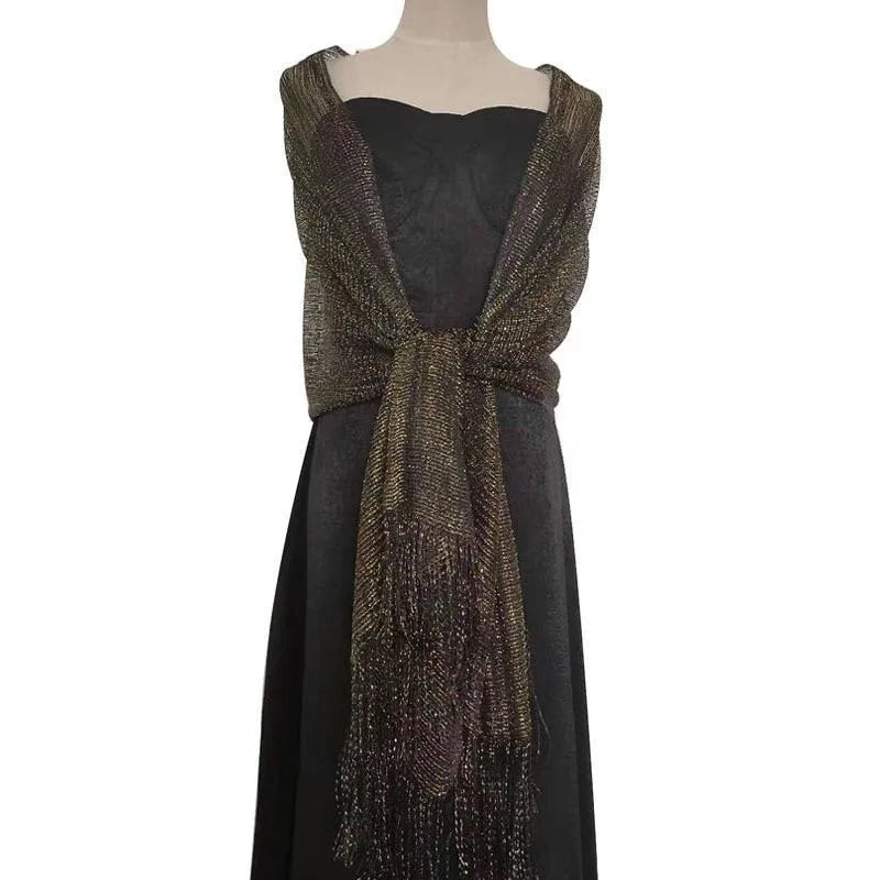 Gold Silver Tassel Shawl Scarf – Bridal & Evening Wrap Evening Wrap Shawl Babs black golden