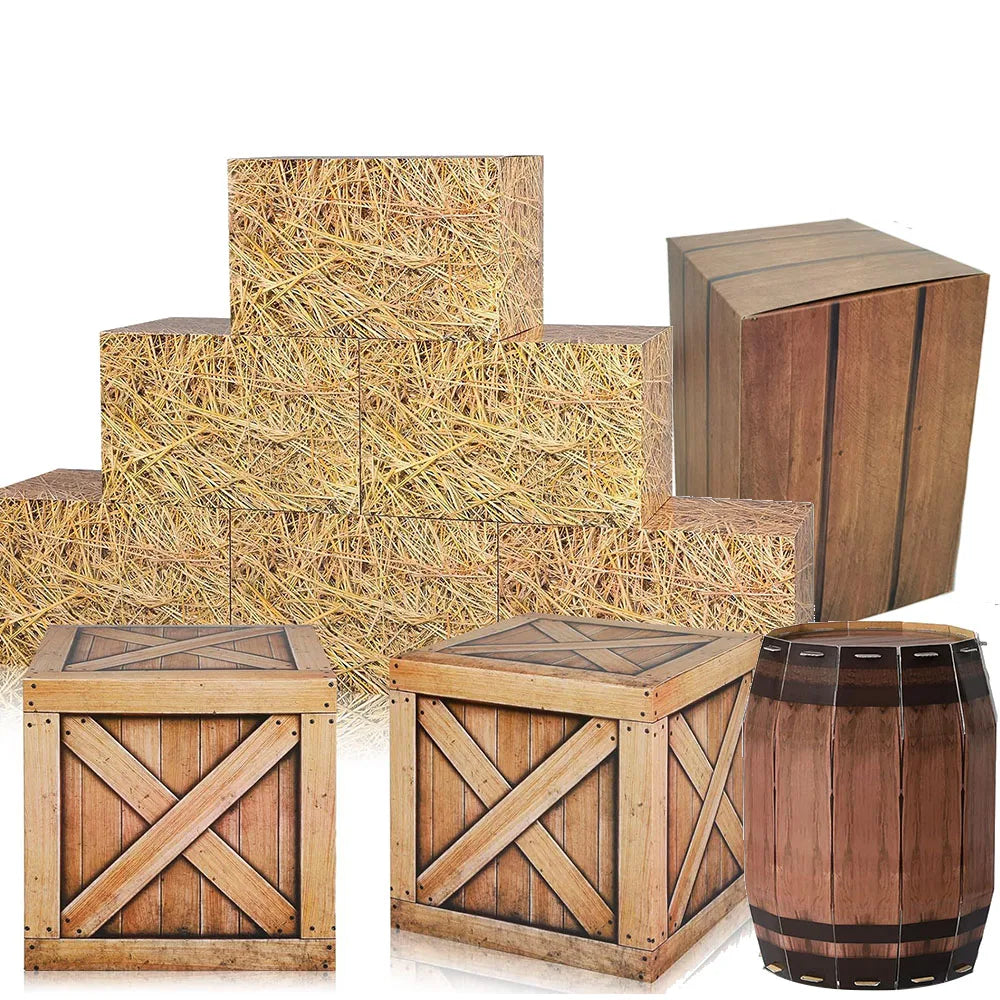 Western Cowboy Party Boxes – Hay Bale & Wine Barrel Decor Props Party Decoration Boxes Babs