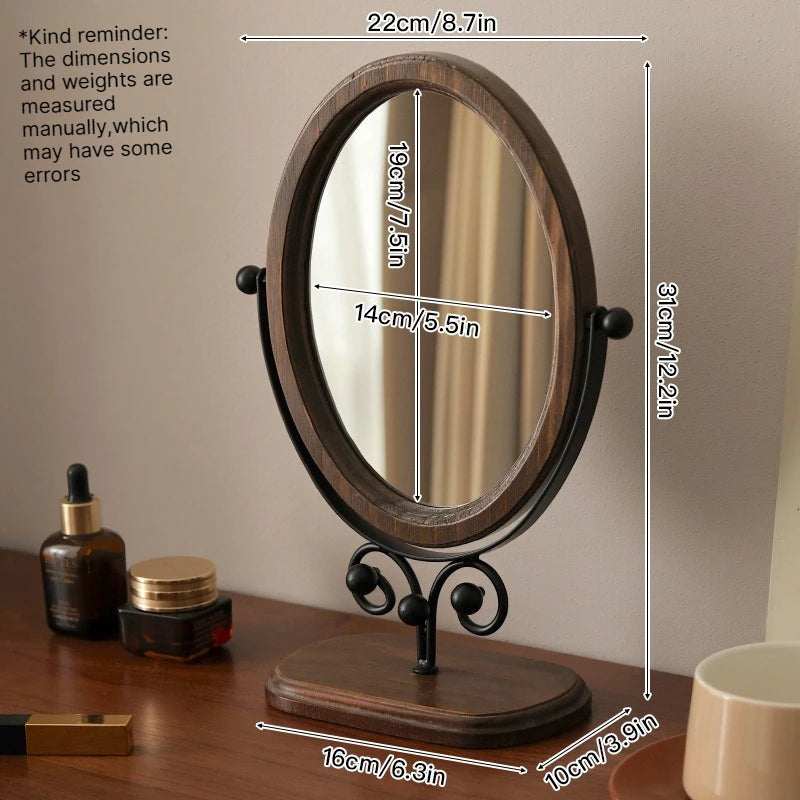 Oval Retro Makeup Mirror – HD 360° Rotating Wooden Frame Vanity Makeup Mirror Babs