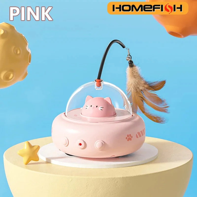Electric UFO Cat Teaser Toy with Bell & Feather | Pet Toy Interactive Cat Toy Babs Pink