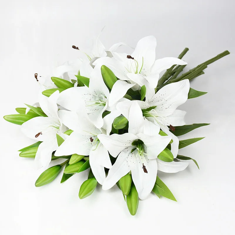 5Pcs White Lily Artificial Flowers 38cm Real Touch Bouquet Artificial Flower Stems Babs