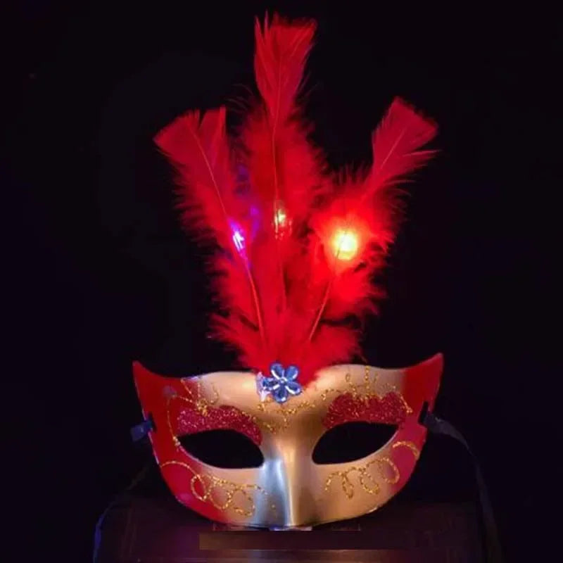 LED Flashing Feather Venice Mask – Masquerade Party Cosplay Feather Ball Mask Babs
