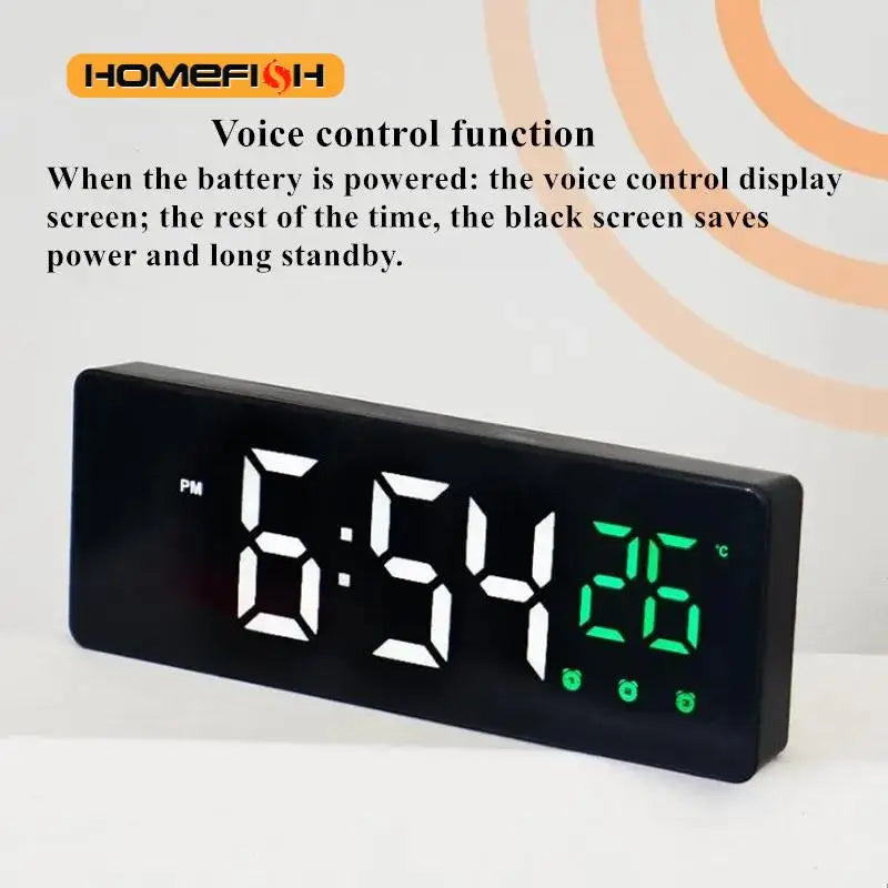 Voice Control LED Mirror Alarm Clock – 3 Alarms & Temp Display LED Alarm Clock Babs