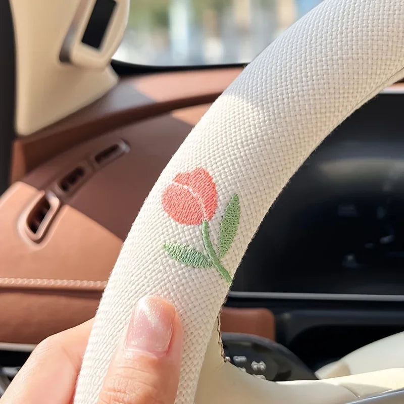 Embroidered Tulip Steering Wheel Cover – Anti-Slip, 38cm Steering Wheel Cover Babs