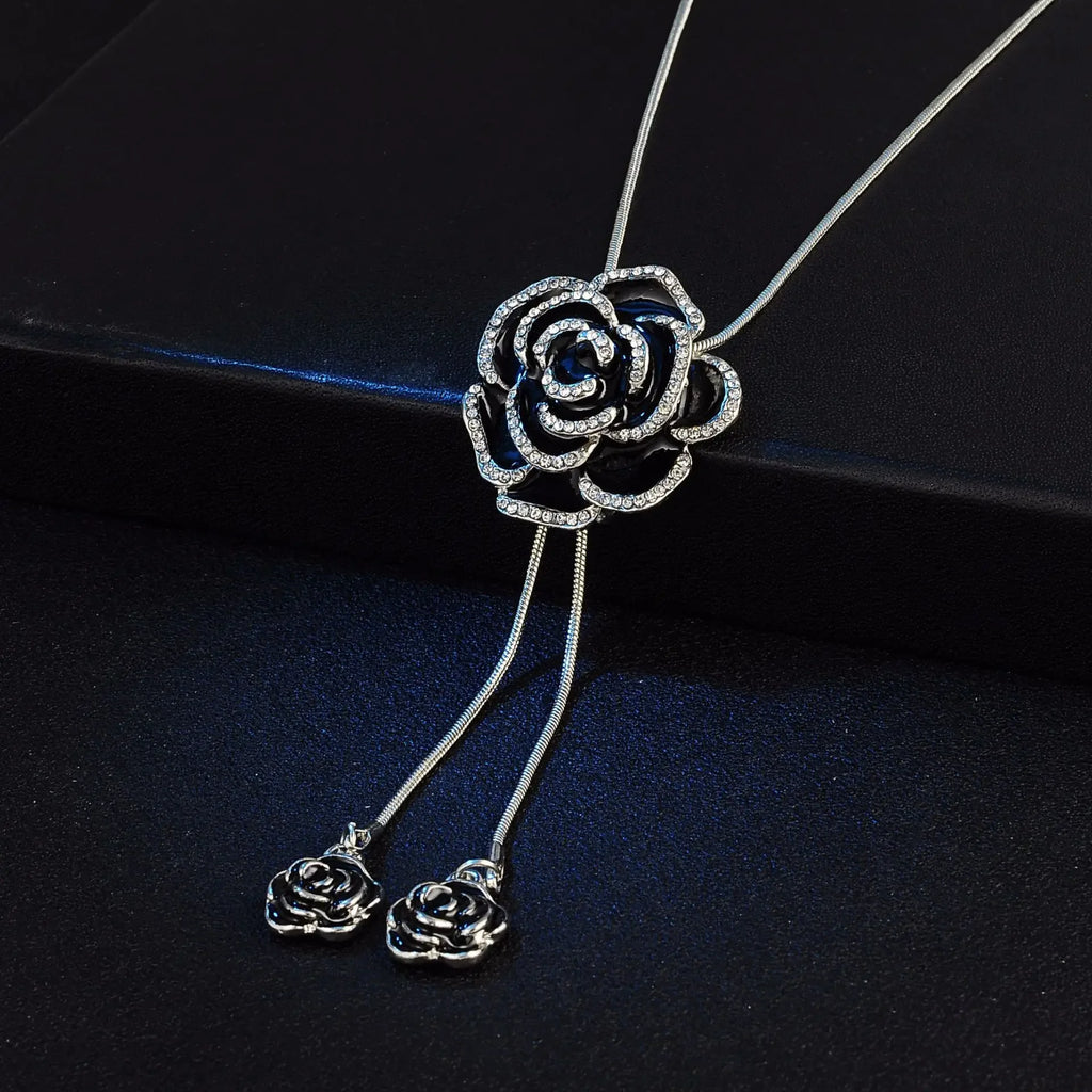 Women's Black Rose Long Sweater Chain Necklace | Zinc Alloy Fashion Necklace Babs