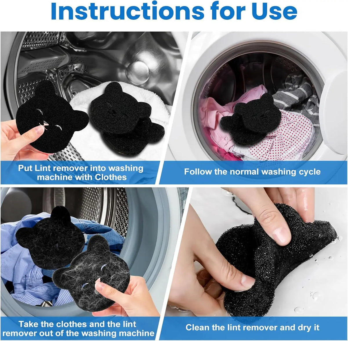 64pcs Bear Laundry Balls – Lint & Pet Hair Catcher Sponge Laundry Lint Remover Babs