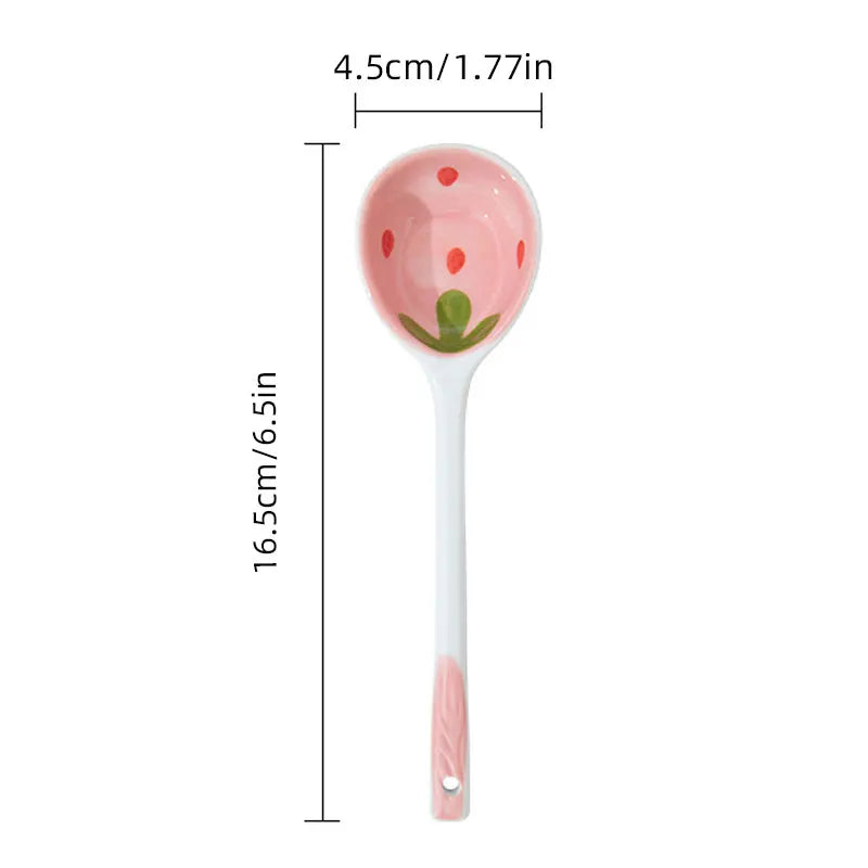 Kawaii Strawberry Ceramic Spoon – Hand-Painted Long Handle Ceramic Dessert Spoon Babs Pink 1PCS