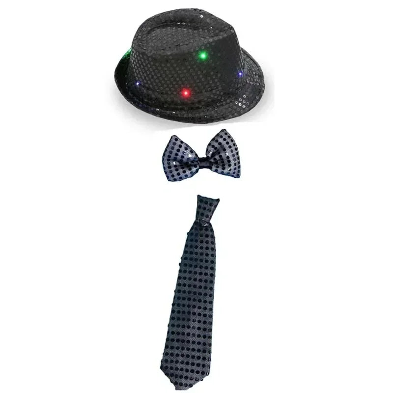 LED Light Up Sequin Jazz Hat & Tie Set | Party Costume