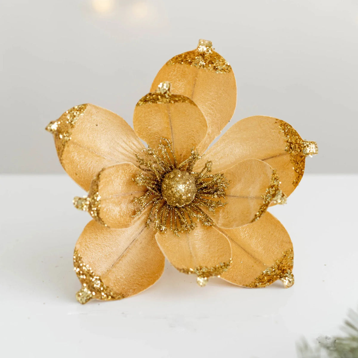 20cm Pink Glitter Magnolia Christmas Flower Pick | Xmas Tree Decor Christmas Flower Pick Babs Gold One Size