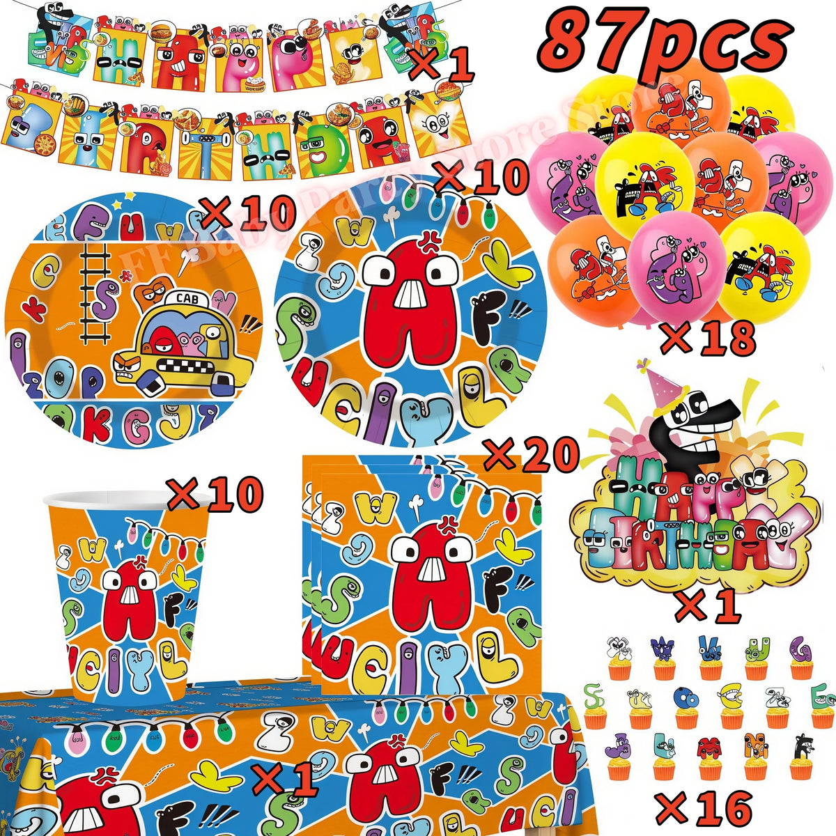 Alphabet Lore Birthday Party Supplies – Balloons & Backdrop Set Party Decoration Set Babs 87pcs 12inch