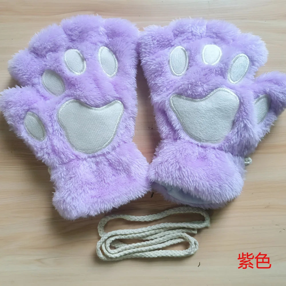 Plush Cat Paw Mittens – Soft Fluffy Half Finger Gloves Plush Fingerless Gloves Babs P