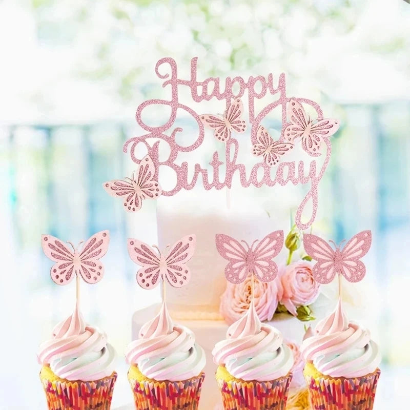 13Pcs Pink Butterfly Birthday Cake Topper Set for Girls Birthday Cake Topper Babs