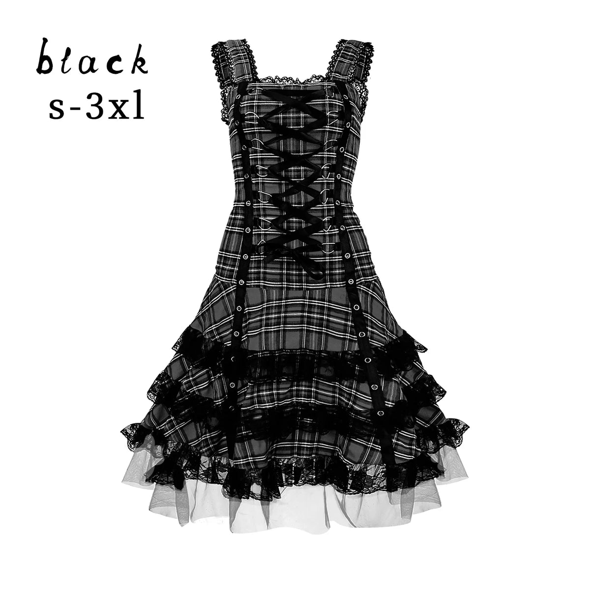 Lolita Gothic Plaid Midi Dress – Lace Ruffle Cosplay Costume Gothic Lolita Dress Babs black XL China Mainland