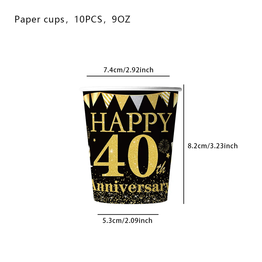 40th Birthday Party Decorations – Black & Gold Tableware Set