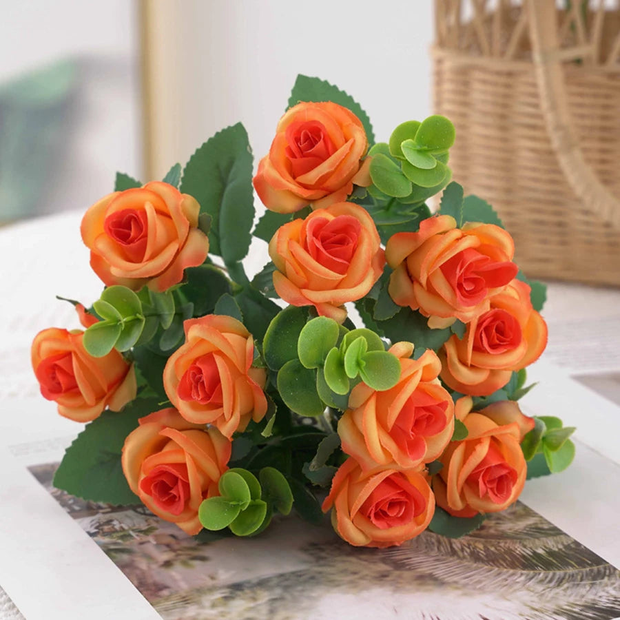 Silk Rose & Eucalyptus Artificial Flower Bouquet | Home Decor Artificial Flower Bouquet Babs Orange 3pcs