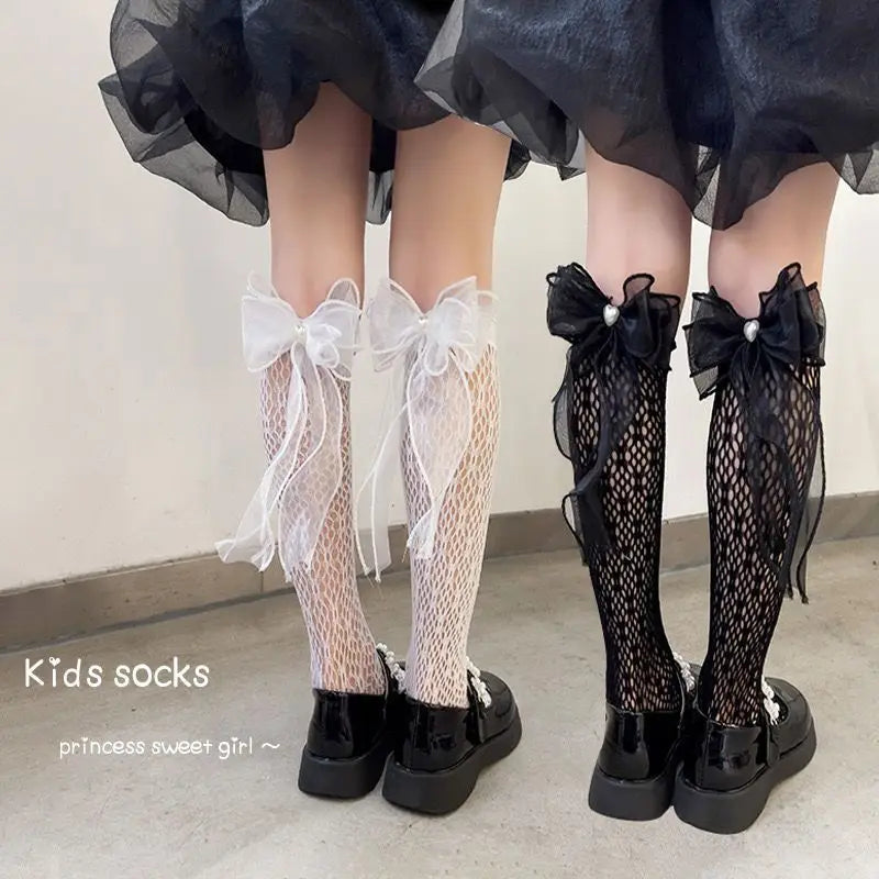 Girls Lace Bowknot Knee High Stockings – Princess Socks Girls Knee High Socks Babs