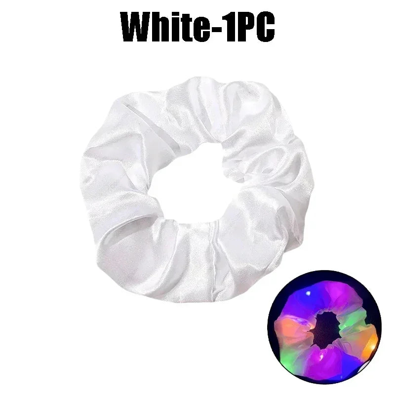 LED Light-Up Scrunchies – Satin Elastic Hair Bands for Parties LED Hair Scrunchies Babs White-1PC