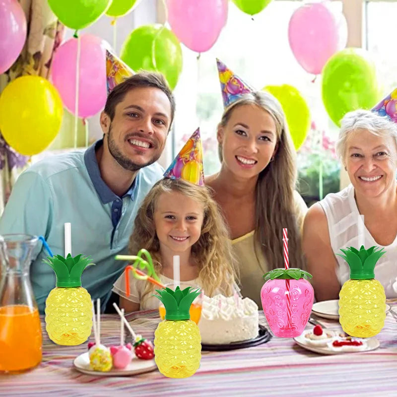 8pc Tropical Party Cups with Straws – Pineapple & Strawberry Party Drinkware Set Babs