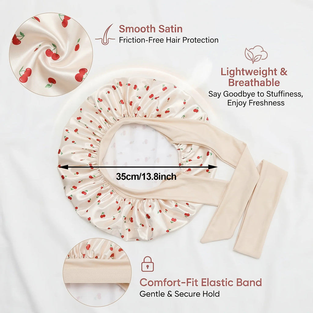 Satin Sleep Bonnet Cherry Print Lace-Up Hair Care Night Cap Satin Sleep Bonnet Babs
