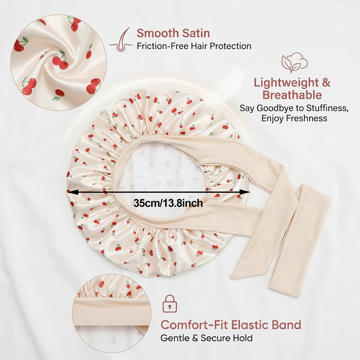 Satin Sleep Bonnet Cherry Print Lace-Up Hair Care Night Cap Satin Sleep Bonnet Babs