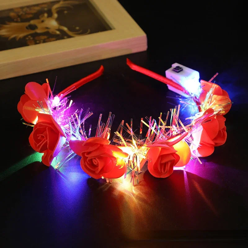10pcs Light-Up Flower Crown Headbands – Glowing Party Wreath LED Party Headband Babs