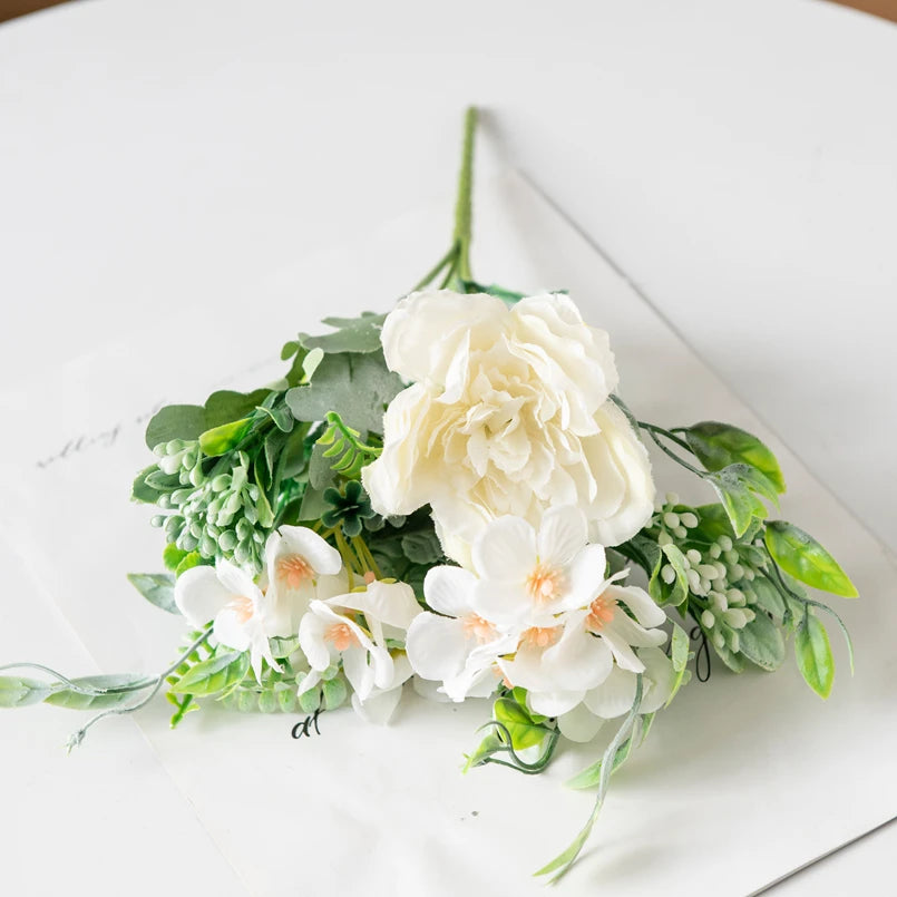Silk Peony Hydrangea Artificial Bouquet – Wedding & Home Décor Artificial Flower Bouquet Babs WHITE 5 pcs