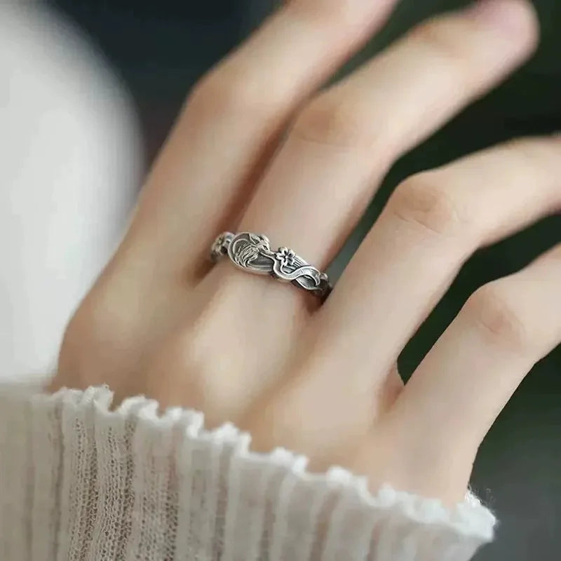 Retro Nine-Tailed Fox Open Ring – Chinese Cherry Blossom Style Fashion Cocktail Ring Babs