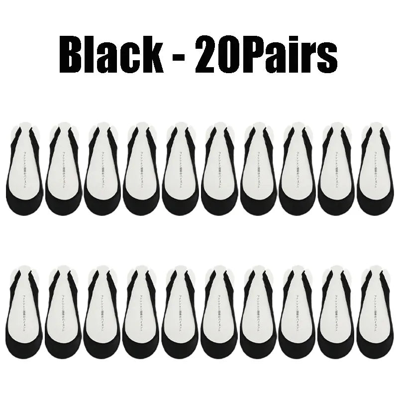 Women's Invisible No-Show Socks – Ice Silk Silicone Non-Slip No-Show Boat Socks Babs Black- 20PairS 1XL