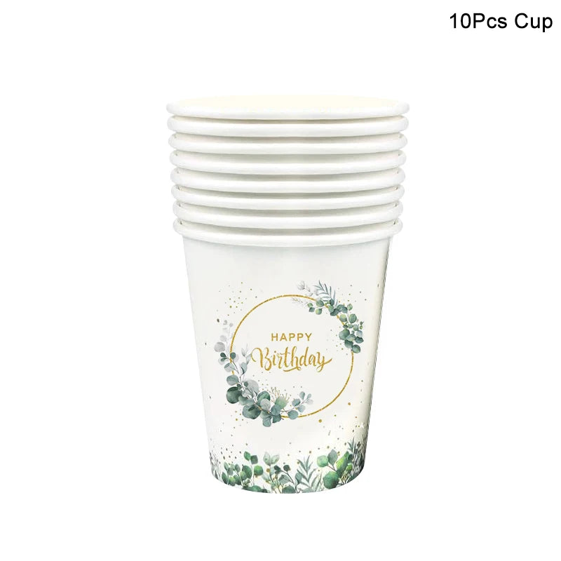 Eucalyptus Birthday Disposable Tableware Set – Plates, Cups & Napkins Disposable Party Tableware Babs 10pcs cup