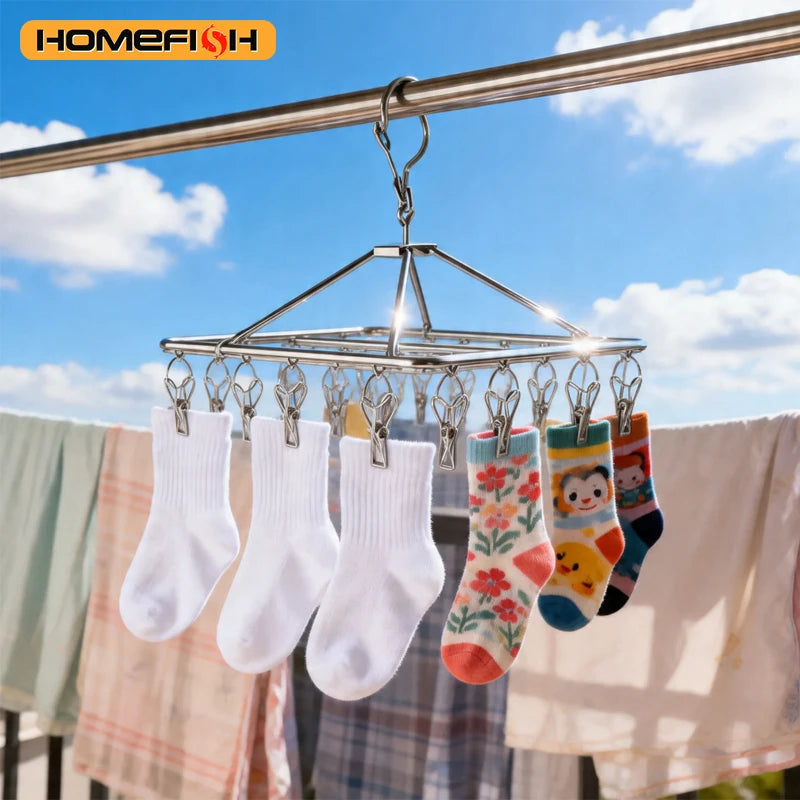 Stainless Steel Windproof Clothes Drying Rack – Multi-Hook Clothes Drying Rack Babs