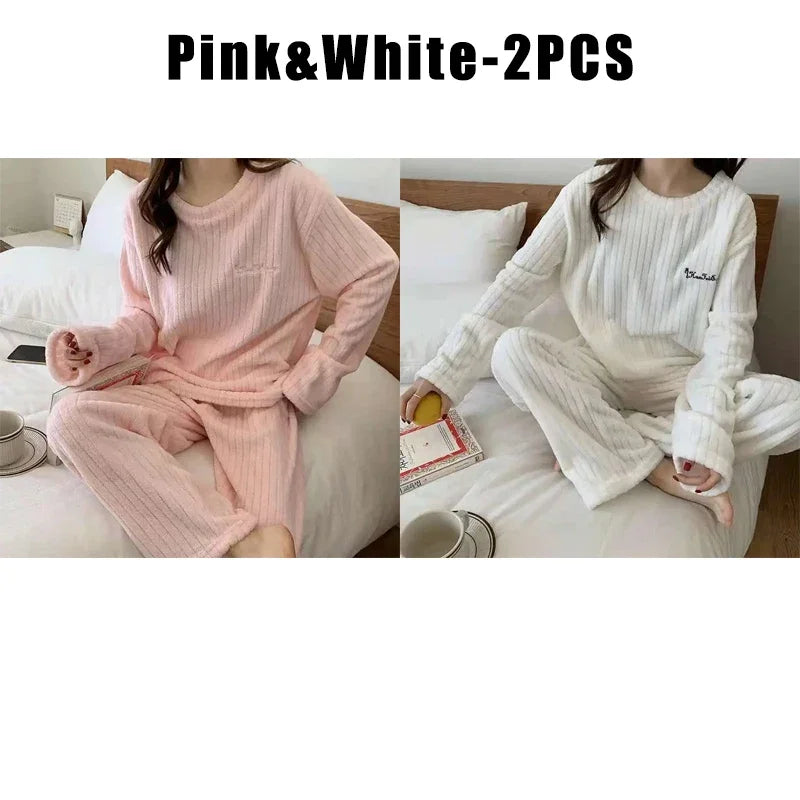 Women's Coral Fleece Flannel Pajama Set – Cozy Winter Loungewear Fleece Pajama Set Babs Pink White 2PCS One SIze