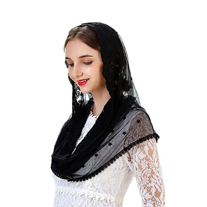 Lace Flower Round Scarf – Prayer Kerchief, Shawl & Head Wrap Lace Head Scarf Babs Black