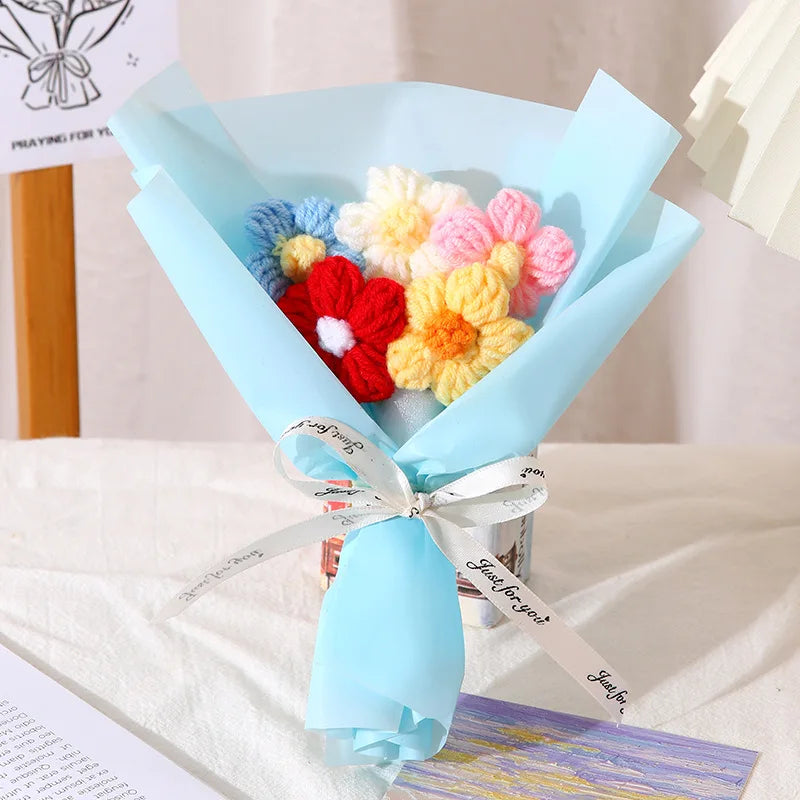 Knitted Artificial Rose Bouquet | Wedding & Home Décor Gift Artificial Flower Bouquet Babs Blue 18cm