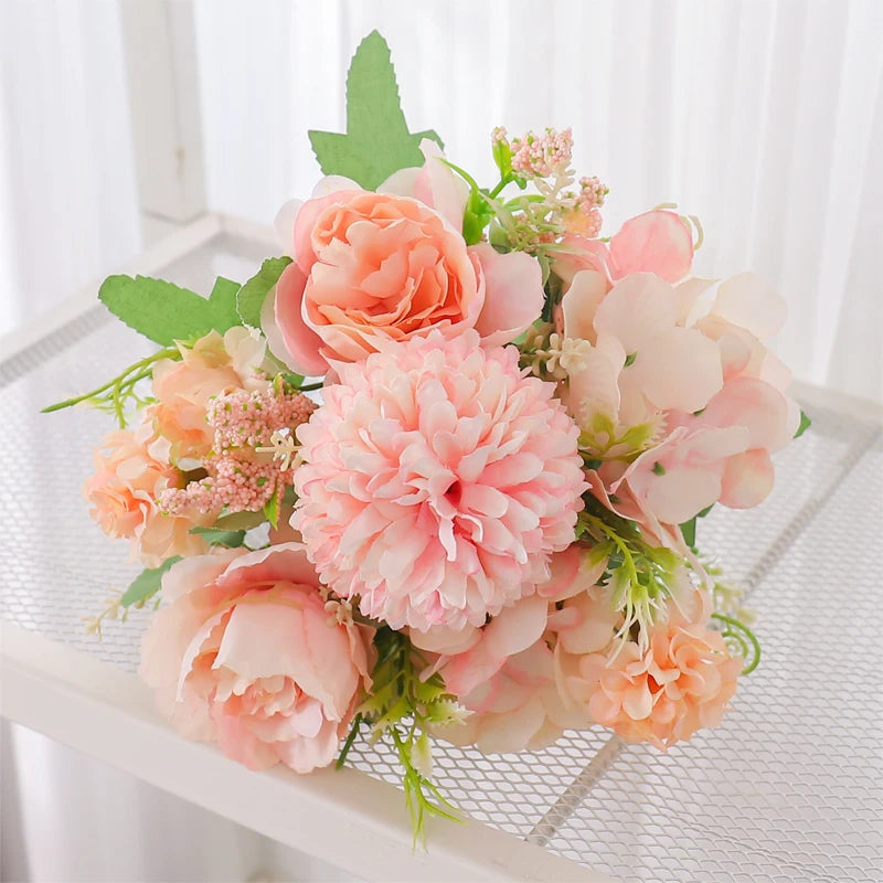 Silk Peony & Hydrangea Artificial Flower Bouquet | Home Décor Artificial Flower Bouquet Babs Champagne Pink