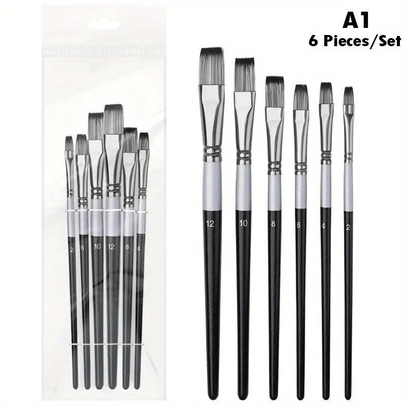 6-Piece Nylon Paint Brush Set – Acrylic, Oil & Watercolor Paint Brush Set Babs A1 flat