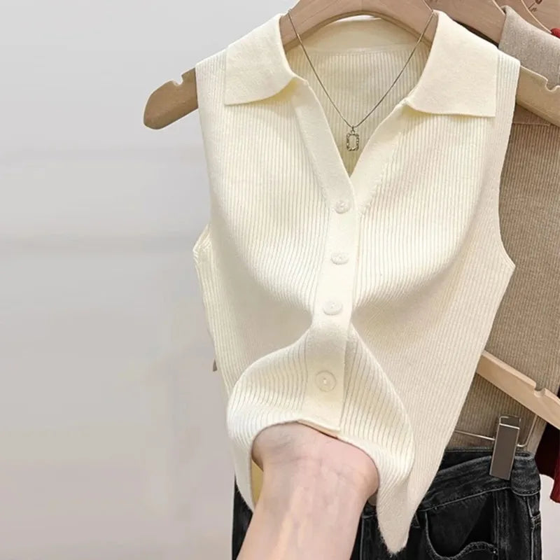 Women's Polo Collar Knit Vest – Slim Fit Sleeveless Button-Up Knit Vest Top Babs