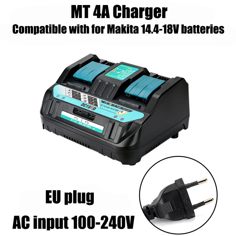 Dual-Port 14.4V–18V Li-Ion Charger for Makita BL1830 DC18RD Battery Charger Babs 4A EU plug