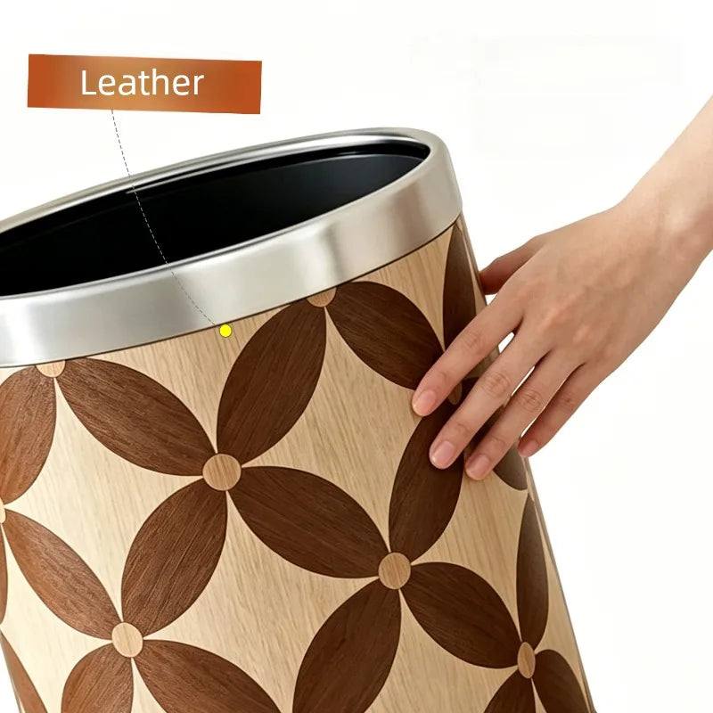 Retro PU Leather Trash Can – 10L Luxury Round Waste Bin Decorative Waste Bin Babs