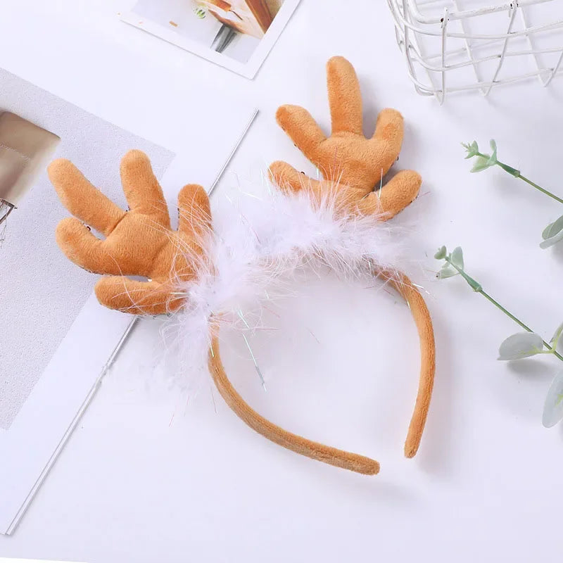 LED Reindeer Headband – Sequin Feather Bell Christmas Hairband LED Holiday Headband Babs