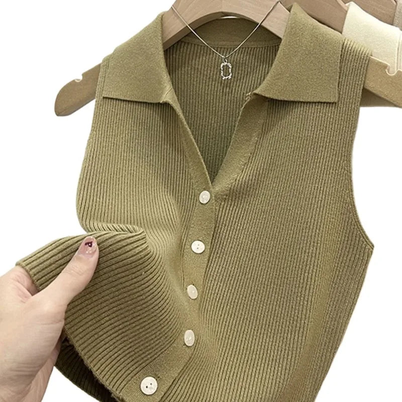 Women's Polo Collar Knit Vest – Slim Fit Sleeveless Button-Up Knit Vest Top Babs