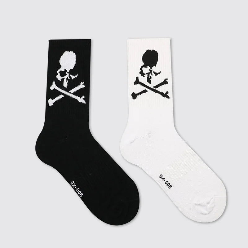 Hip Hop Skull Socks – Black & White Cotton Mid-Tube Women's Cotton Crew Socks Babs