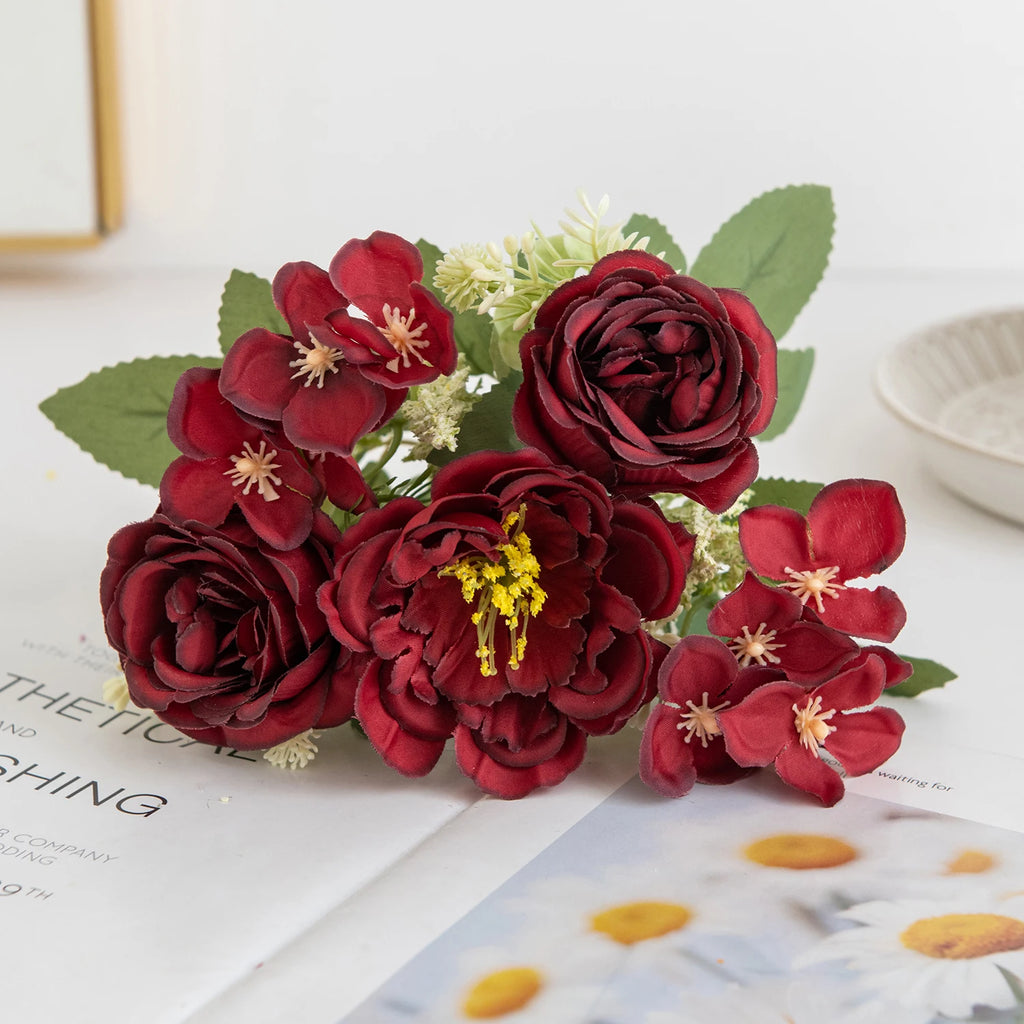 Artificial Silk Peony Hydrangea Bouquet – Wedding & Home Décor Artificial Flower Bouquet Babs Red 1 pc