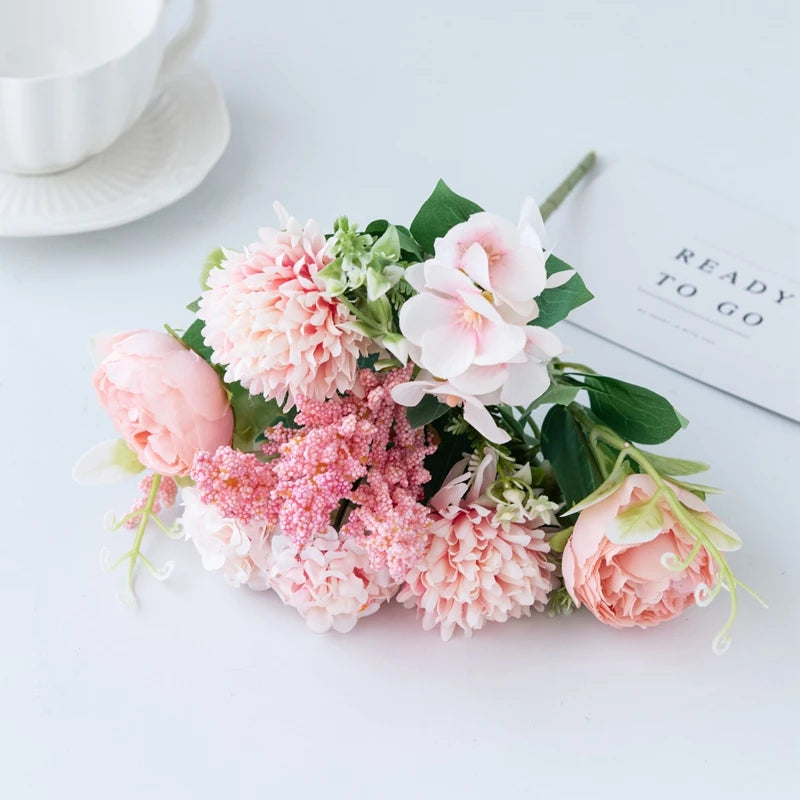 Silk Peony & Hydrangea Artificial Flower Bouquet | Home Decor Artificial Flower Bouquet Babs Pink 1 pc