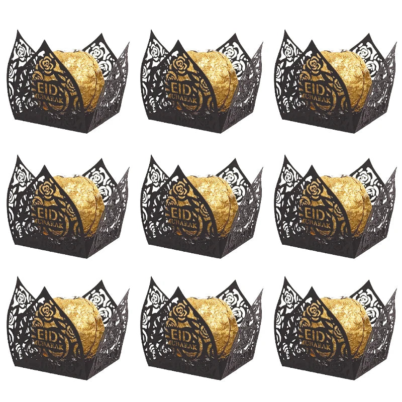 Eid Mubarak Chocolate Wrappers & Mini Baking Cups 10-50Pcs Party Treat Packaging Babs black 30pcs